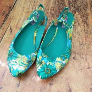 Green Floral Slingback Flats Shoes - Brand New
